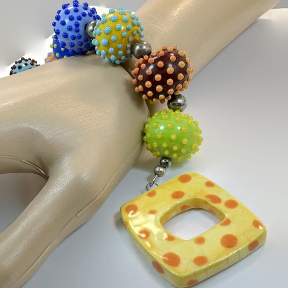 Glass Bead Bracelet, Lamp Work, Dotted, Rainbow, Art Glass, Blue, Orange, Yellow - Picture 2 of 7